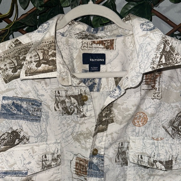 Basic Editions Men's White and Blue Map Print Shirt - Picture 4 of 9
